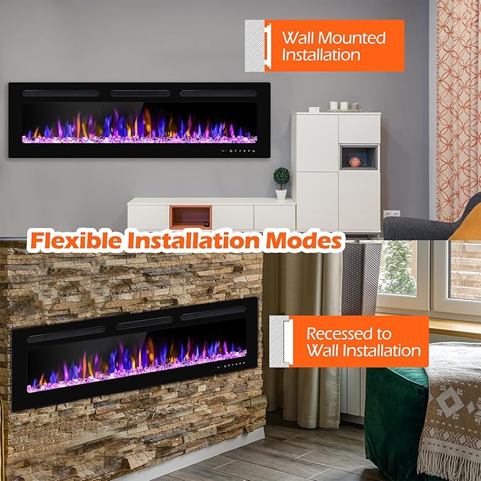 68" Electric Fireplace Wall Mounted and Recessed