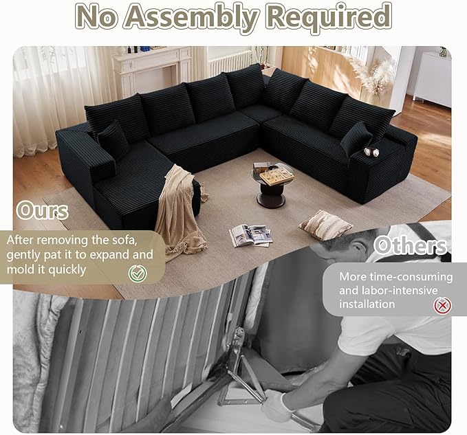 Sectional Cloud Couch with L-Shape Chaise, Upholstered Corduroy Couches Stupendous U Shaped Sofas, Modern Modular Comfy Sofa with Deep Seat for Living Room Bedroom, No Assembly Required, Black