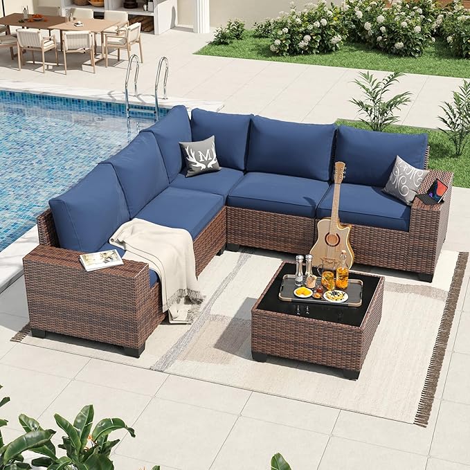 Aoxun 6 Pieces Patio Furniture Set Wicker Rattan Outdoor Sectional Conversation Set with Coffee Table and 4” Thickened Cushions, Blue (Waterproof Cover Included)
