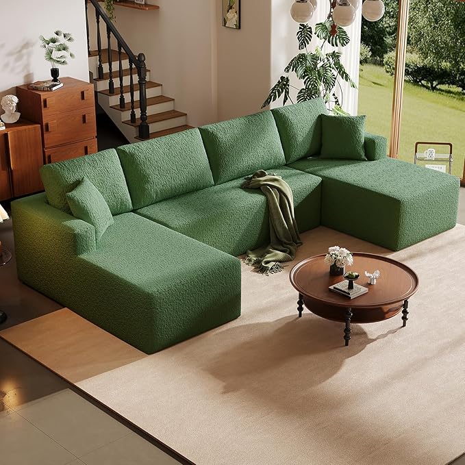 140" Modular U-Shaped Sectional Sofa, 7-Seater Cloud Couch with Double Chaise, Modern Sleeper Sofa,No Assembly Sectional Cloud Boneless Sofa Couches for Living Room/Apartment