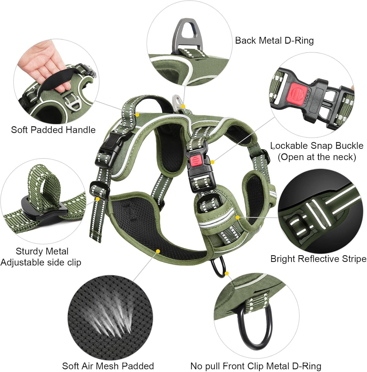 Timos Dog Harness Medium Sized, No Pull Pet Harness with Neck Lockable Snap,No Choke Front Clip Dog Reflective Vest,Adjustable Metal Rings 3 Buckles,Easy Control Handle for Medium Dogs Green M