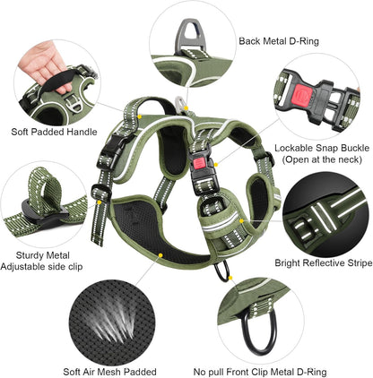 Timos Dog Harness Small Sized, No Pull Pet Harness with Neck Lockable Snap,No Choke Front Clip Dog Reflective Vest,Adjustable Metal Rings 3 Buckles,Easy Control Handle for Small Dogs Green S
