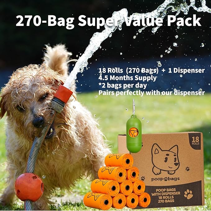 270 Counts Dog Poop Bags Rolls with Dispenser & Leash Clip, Scented Poop Bags for Dogs Waste, Extra Thick & Leak Proof for Poop Doggie Puppy Pet Waste, 9" x 13", Orange