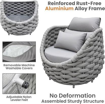 Erotr 4 Pieces Courtyard Seating Set: Aluminum Woven Rope Patio Furniture Chair Set - All Weather Metal Outdoor Conversation Set - Assembled Armchair with Table Set for Bistro Deck Porch Balcony, Grey