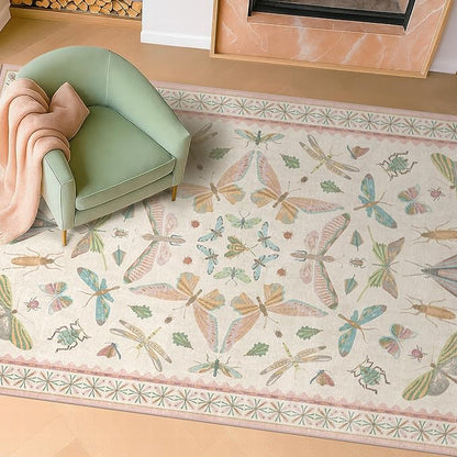 Neutral Girl Nursery Rug 4x6 - Beige & Pink Rugs for Bedroom, Living Room - Washable Low Pile Non-Slip Charming Insect Print Vintage Girly Design, Perfect for Kids Rooms