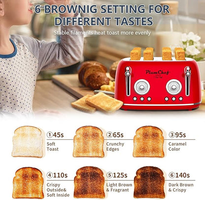 Plumchef 4 Slice Wide Slot Retro Style Toaster, Dual Control Toaster wtih Timer