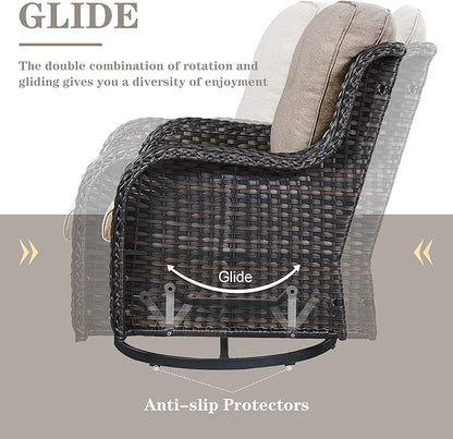 Belord Outdoor Sectional Sofa Furniture Set with Propane Fire Pit Table, Wicker Patio Conversation Set with 2 Swivel Glider Rocker Chairs Grey Cushion Perfect for Backyard Casual Gathering