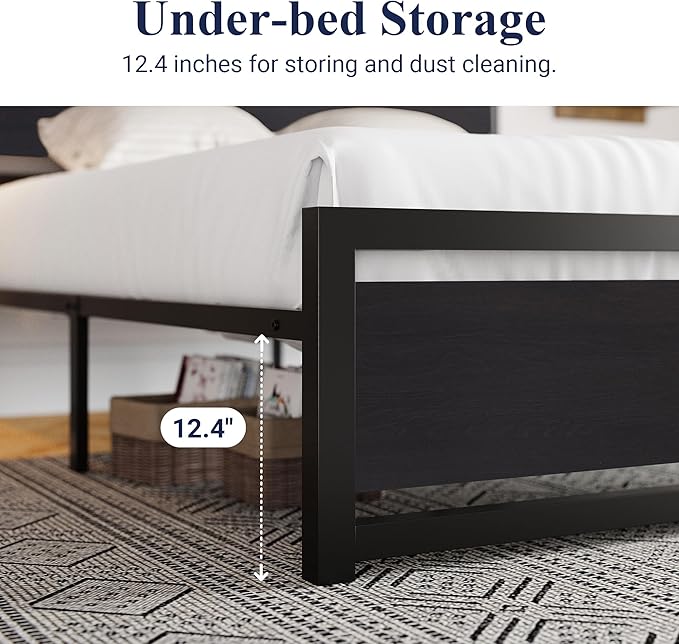 Allewie Queen Bed Frame with Headboard, Heavy Duty Metal Platform Base with Strong Support, Underneath Storage Space, Stable Mattress Foundation, No Box Spring Needed, Black