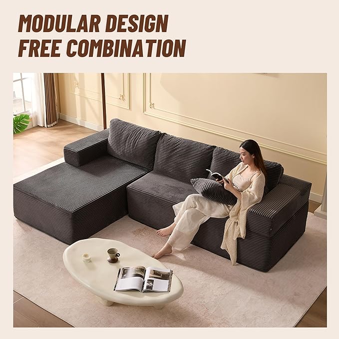 107" Boneless Couch with Deep Seat, Modular Sectional Sofa, Cloud Sectional Couch for Living Room, No Assembly Required, Corduroy, L-Shape Left?Grey