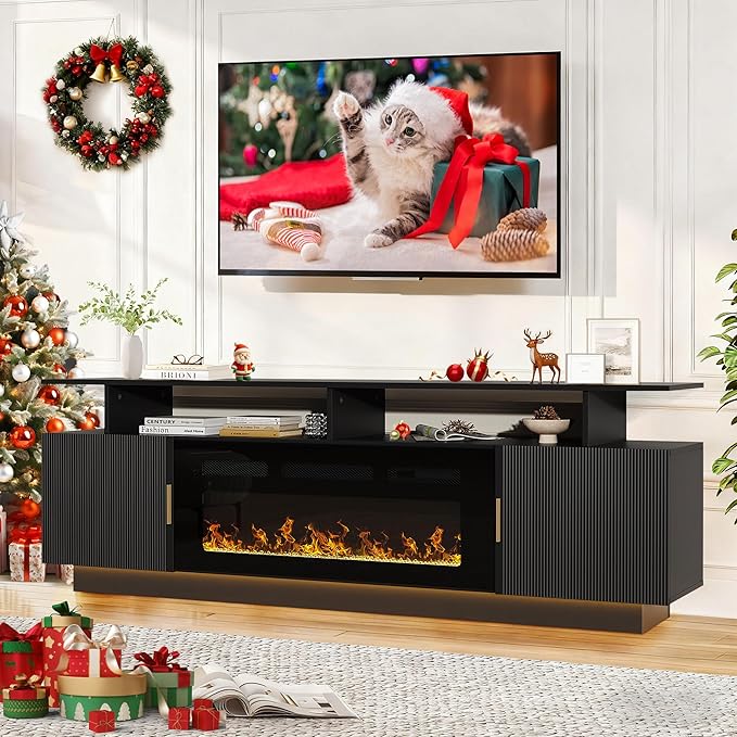 70” Fluted TV Stand with 36” Electric Fireplace, 2 Tier TV Console Cabinet with