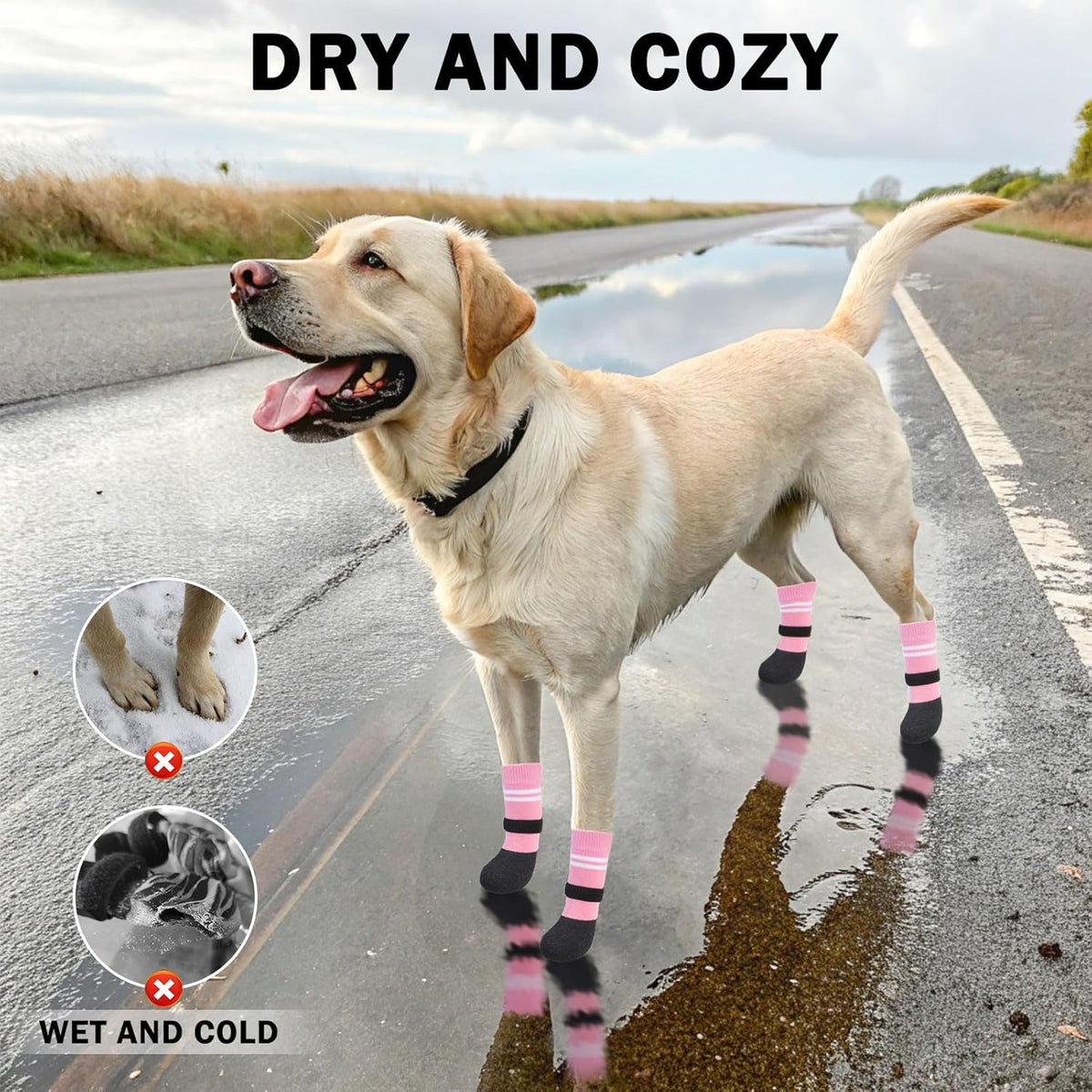 SCENEREAL Anti Slip Dog Boots & Paw Protectors for Hardwood Floor, Extended Dog Socks to Prevent Licking Paws, Waterproof Pet Snow Rain Shoe for Winter Large Senior Dogs, Pink XL
