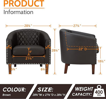 PrimeZone Barrel Chair Set of 2, Comfy Accent Chair, Faux Leather Living Room Chairs Club Chair with Cushion, Nailhead Trim and Diamond Grid Backrest, Reading Chair for Bedroom Waiting Room, Brown