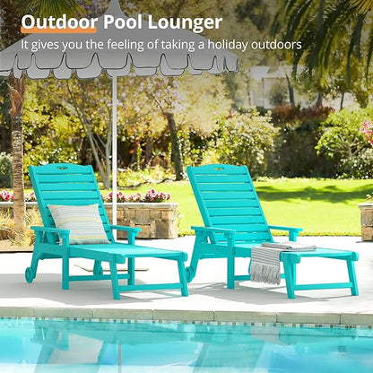 LUE BONA Chaise Lounge Chairs Set with Table, 3-Piece, 79'' Oversized HDPS Chaise Lounger, 5 Positions Adjustable Lounge Chairs, Pool Lounge Chair with Wheels for Poolside, 3 Year Warranty, Aruba Blue