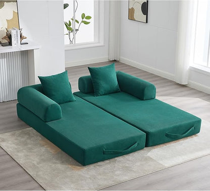 Convertible Sleeper Sofa Bed, Folding Floor Sofa Bed with Fixed-Shape Frame, Corduroy Floor Sleeper Sofa with Storage Pocket, Futon Boneless Sofa Couch for Living Room, Emerald Green