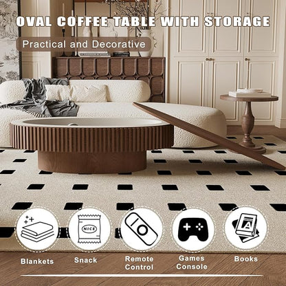 FGXJY Oval Coffee Table with Storage, Modern Walnut Coffee Table with Solid Wood Veneered, Fluted Center Table Wood Drum Tea Table for Living Room Apartment, 47.2''L×23.6''W×14.2''H