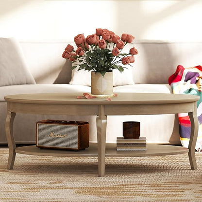 LZAREAL Coffee Table with Storage Oval Solid Wood Coffee Table Antique Farmhosue Living Room Table Rustic Center Table for Living Room Guest Room Reception Room Waiting Room, Faded White Color