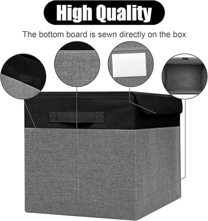 Large 17" 42 Quarts Collapsible Stackable Storage Bins with Lids [3-Pack] Foldable Fabric Linen Storage Boxes Cube, Closet Organizer Baskets with Label for Home (16.7 x 12 x 12", Black & Gray)