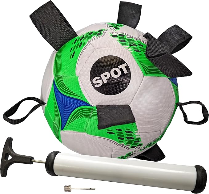 SPOT Dog Soccer Ball with E-Z Tabs - Interactive Fetch and Tug Dog Toy with Heavy Duty Nylon Straps for Carrying, Tossing, and Tugging, Floats in Water, 9in Sports Ball with Air Pump Included