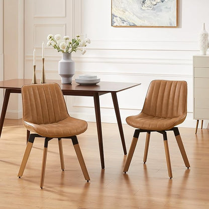 Art Leon Swivel Dining Chairs Set of 2, Mid Century Modern Kitchen Dining Room Chairs, Upholstered Faux Leather Armless Side Chair with Wood Legs for Living Room Bedroom, Yellow Brown