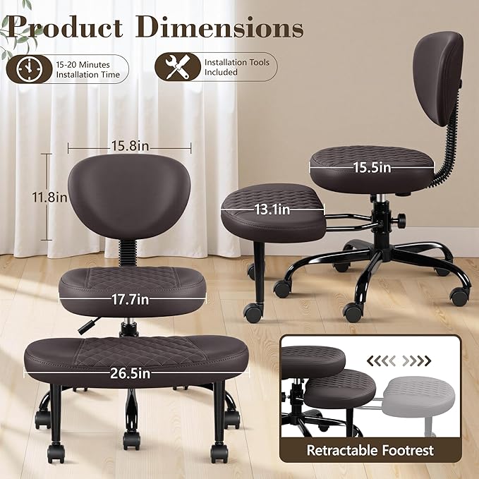 Ergonomic Cross Legged Office Chair with Wheels - Adjustable Height for Meditation, ADHD Desk & Yoga - Wide Criss Cross Design with Lumbar Support, Kneeling Chair - Dark Brown