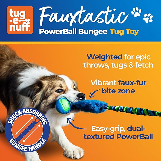 Tug-E-Nuff Fauxtastic PowerBall Bungee, Durable, Faux-Fur Fetch & Tug of War Dog Toy with Rubber Ball, Interactive Dog Tug Toys for Training Small, Medium, Large Dogs, 25 in, Green Pattern