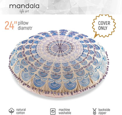 Mandala Life ART Bohemian Meditation Cushion Cover –Luxury, Artisan Room Décor Floor Pillow Case for Yoga, and Boho Chic Seating Area Floor Pillow – Accent Your Living Room, Bedroom, Kids