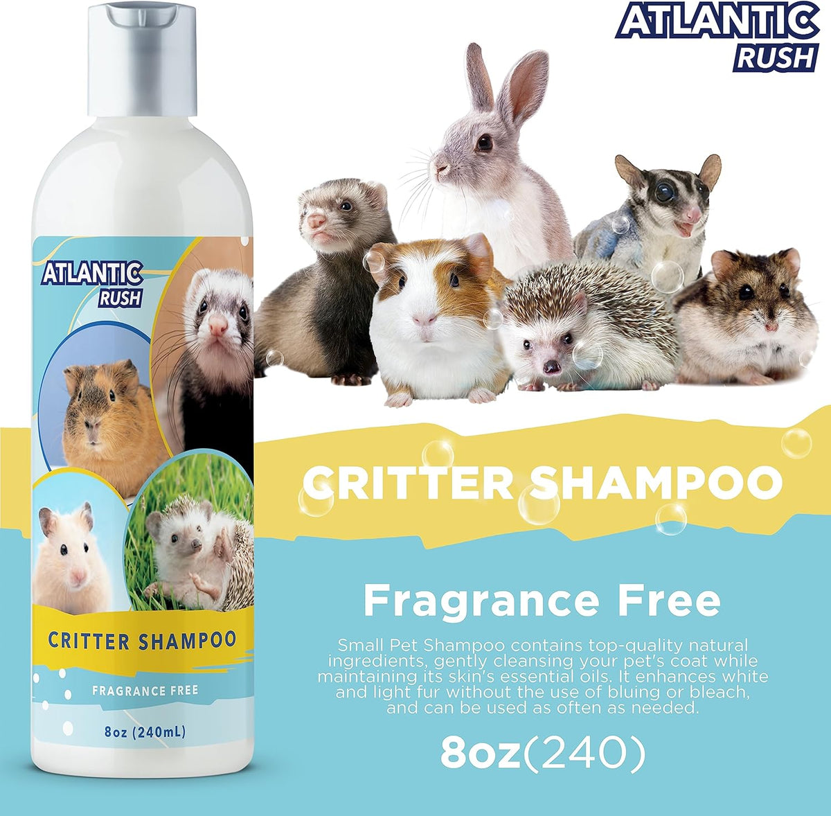 Critter Shampoo for Small Pets -Small Animal Fragrance & Detergent Free Shampoo - Sensitive Skin Shampoo for Ferrets, Guinea Pigs, Rabbits, Hedgehogs, Hamsters & Sugar Gliders (8 oz Fragrance Free)