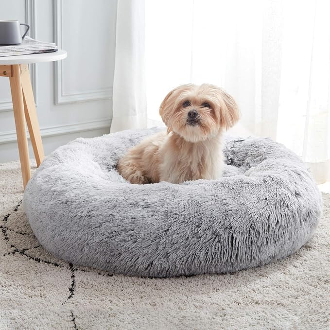 Western Home Calming Donut Small Medium Pet Dog Bed Washable,27" Light Grey | Fluffy Faux Fur Round Cuddler,Anti-Anxiety,Anti-Slip Bottom,Plush Pet Dog Beds for Small Medium Sized Dogs,Up to 35 LBS