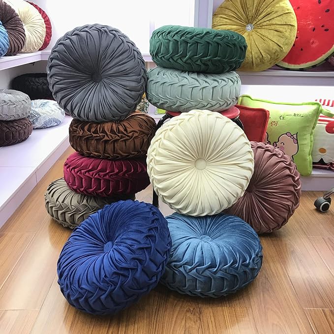 Teieas Round Throw Pillow Velvet Home Decoration Pleated Round Pillow Cushion for Couch Chair Bed Car Beige