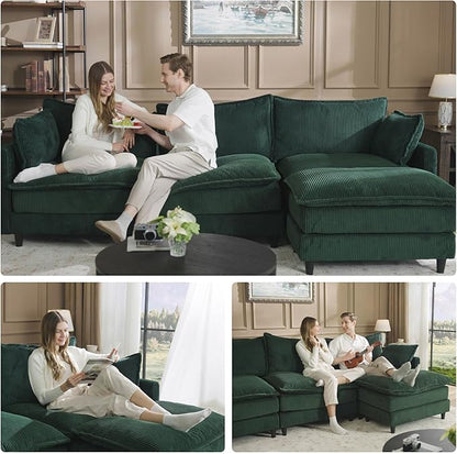 Apicizon 143" Cloud Souch Sectional, 4-Seat Deep Sofa Couch with Ottoman, Modern U Shape Sectional Cloud Sofa Corduroy for Living Room, Apartment, Office, Green