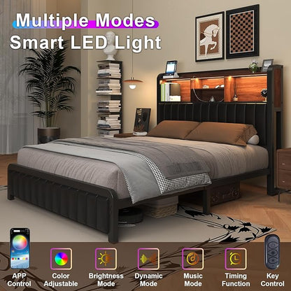Queen Bed Frame 54.3" Tall with 3-Tier Storage Headboard and Charging Station, Metal Platform Bed Frame with LED Lights and PU Leather, Noise-Free, Metal Support, No Box Spring Needed, Black