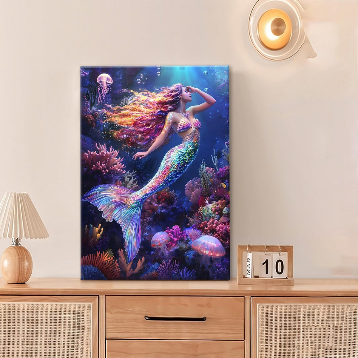 Sea Mermaid Bathroom Pictures Wall Art, Ocean Mermaid Bathroom Wall Decor, Aesthetics Framed Painting Canvas Artwork for Bedroom Living Room Decorations 24"L x 16"W