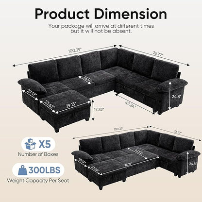 100" Modular Sectional Sleeper Sofa with Pull Out Bed,U Shaped 7 Seat Sectional Sofa with Storage,Modular Couch for Living Room,Deep Seat Couch with Removable Sofa Cover,Black