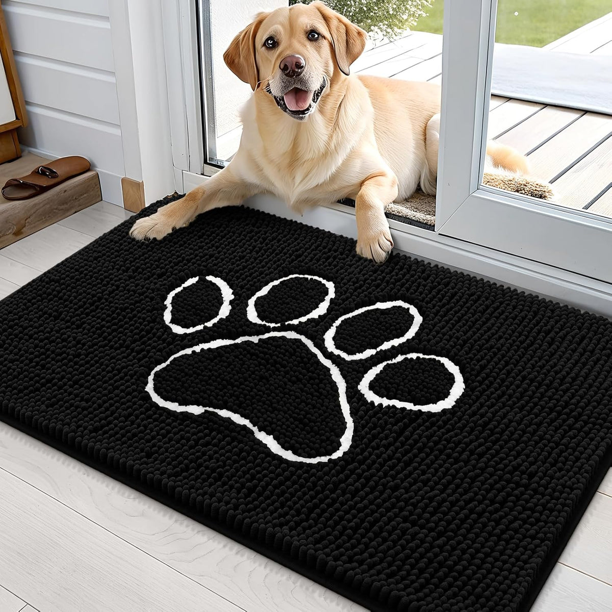 OLANLY Door Mat for Muddy Dog Paws 36x24, Ultra Absorbent Chenille Mud Doormat with Paw Print Design, Non-Slip Washable Doormat for Indoor Entryway, Quick-Dry Pet Bed Mats for Dirty Dogs, Black