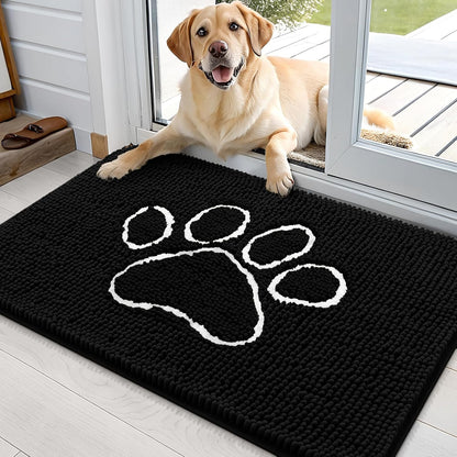 OLANLY Door Mat for Muddy Dog Paws 36x24, Ultra Absorbent Chenille Mud Doormat with Paw Print Design, Non-Slip Washable Doormat for Indoor Entryway, Quick-Dry Pet Bed Mats for Dirty Dogs, Black