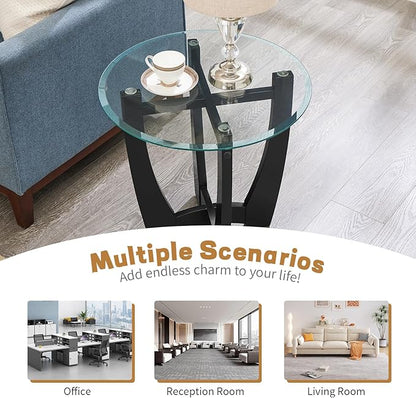 LKTART Glass End Table, 23.5" Round Side Tables with Tempered Glass Top Cross and Solid Wood Base Small Night Stand for Living Room Office Apartment Black
