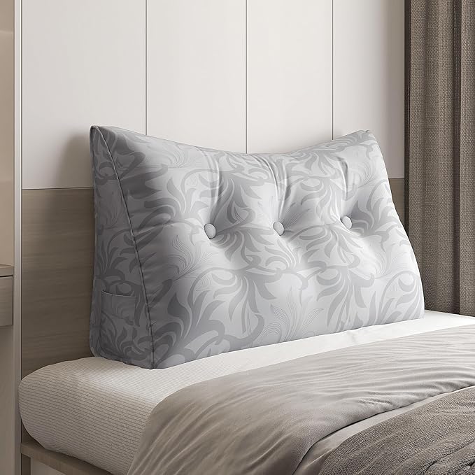 WOWMAX Wedge Pillow Headboard Dorm Headboard Twin XL Bed Silver Bolster Pillow for Bed, Jacquard Satin Fabric 100% Pure Cotton, Light Grey