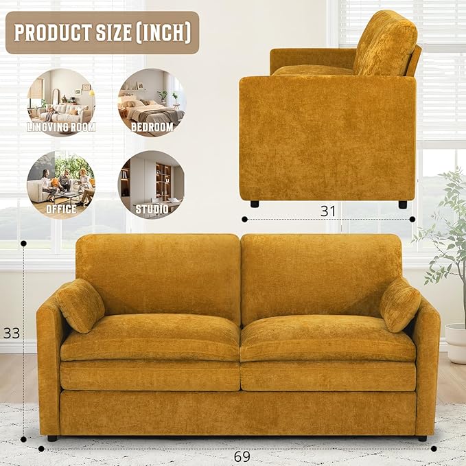 69" Chenille 2 Seats Sofa with 2 Pillows, Modern Upholstered Sofa with Deeper Seats, Comfy Sofa with Thickened Cushions for Living Room, Apartment, Yellow