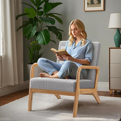ELUCHANG Mid-Century Modern Accent Chair with Lumbar Pillow,Upholstered Armchair,Linen Fabric Comfy Reading Chair, Lounge Side Chair for Living Room Bedroom Apartment,Easy Assembly(Grey,2pcs)
