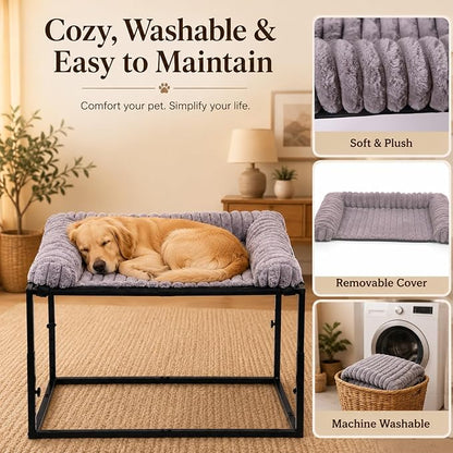 Adjustable Bedside Dog Bed for Small Dogs | Elevated Co-Sleeper Dog Bed with Metal Frame, Thick Supportive Cushion Mattress & Washable Cover, Dog Bedside Sleeper
