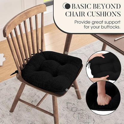 Basic Beyond Chair Cushions for Dining Chairs 4 Pack, Chair Cushion with Ties and Non Slip Backing, 15.5 x 15.5 inches Tufted Chair Pads for Dining Chairs(Black)