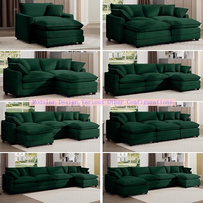 Aoowow Corduroy Large Armchair with Ottoman,Tufted Indoor Chaise Lounge Chair,Oversized Single Sofa Chair with Footrest,Single Seat Cloud Sofas Couches for Living Room (Green, Sofa Chair + Ottoman)