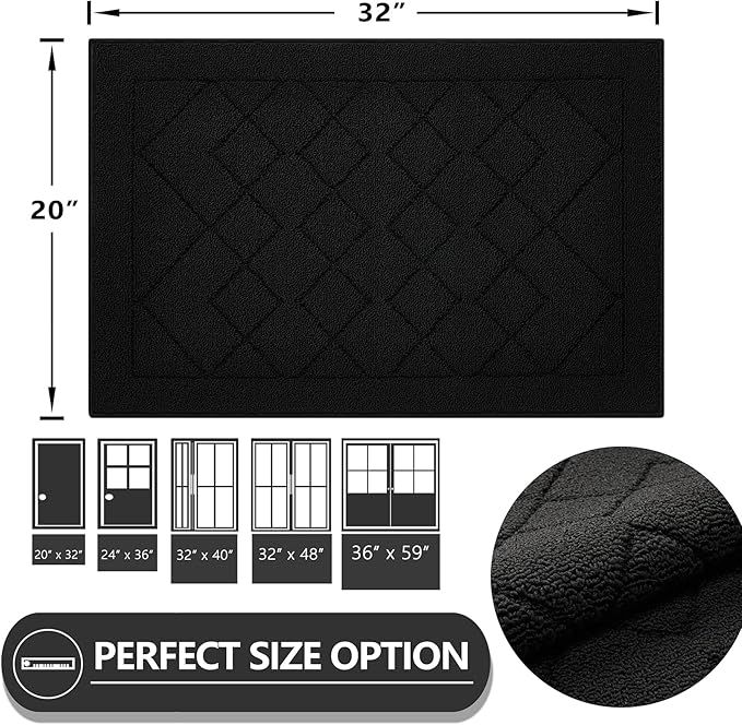 REFETONE Indoor Doormat, Front Back Door Mat 20"x32" Rubber Backing Non Slip Mats, Absorbent Washable Entrance Doormat for Entryway, Resist Dirt Low-Profile Inside Floor Mat for Muddy Shoes, Black