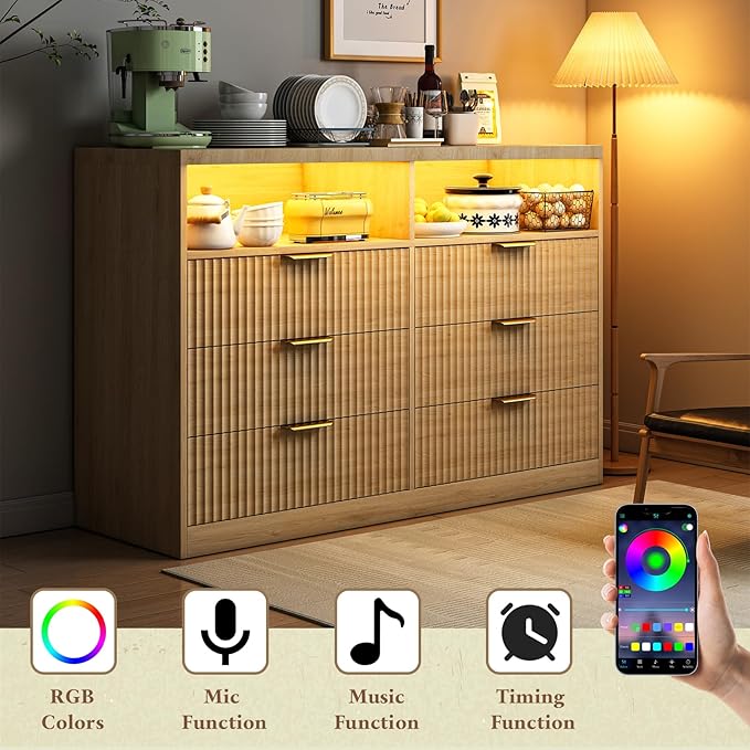 Coffee Bar Cabinet with Charging Station and Lighting, Natural Oak