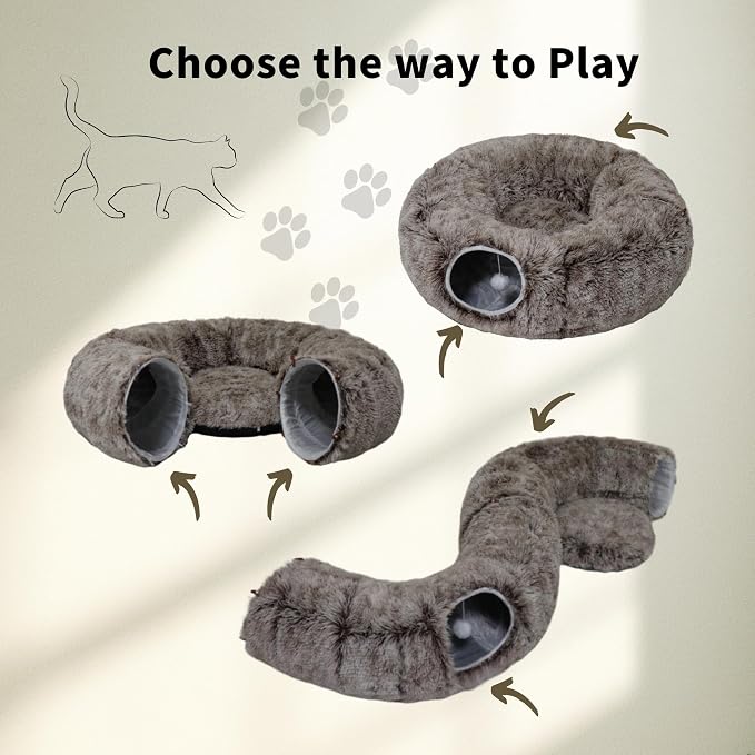 Cat Tunnel Bed for Indoor Cats with Washable Cushion Cat Cave Donut Tunnel with Fluffy Ball Big Round Tube Pet Playground Toys Soft Plush Peekaboo for Kitten, Cat, Puppy, Rabbit, Ferret（Brown）