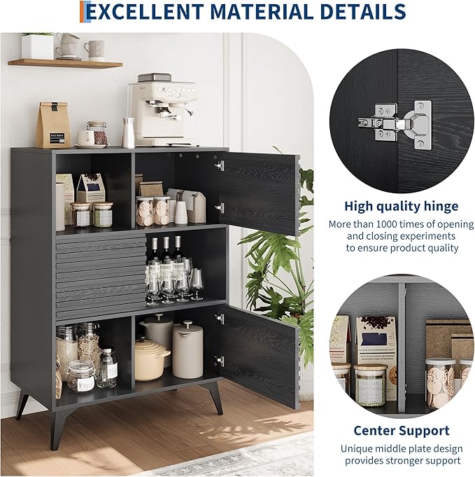IDEALHOUSE Fluted Cabinet with Sliding Doors, Modern Wooden Storage Cabinet