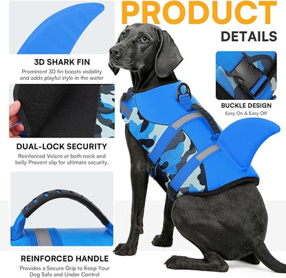 Dog Life Jacket Ripstop Dog Shark Safety Vest Adjustable Preserver with High Buoyancy and Durable Rescue Handle for Small,Medium,Large Dogs, Blue Camouflage Small