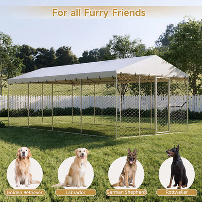 10x20 FT Large Outdoor Dog Kennel with Canopy, Heavy Duty Galvanized Steel Frame, Waterproof Cover, All-Weather Protection, Escape-Proof Lockable Pet Playpen for Large Dogs, Multiple Animals.