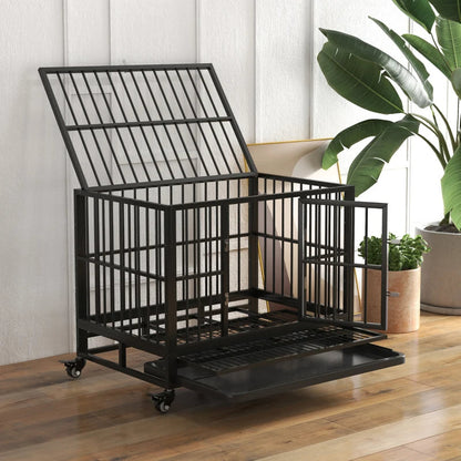 Heavy Duty Dog Crate Metal Cage Kennel With Lockable Wheels, Double Door And Removable Tray, Gray