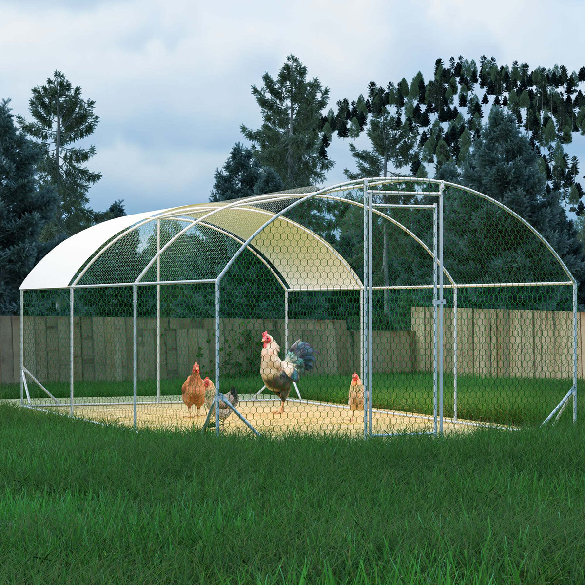 Large Chicken Coop Metal Chicken Run With Waterproof And Anti-UV Cover, Dome Shaped Walk-in Fence Cage Hen House For Outdoor And Yard Farm, 9.84 X 19.68 X 6.56 Ft